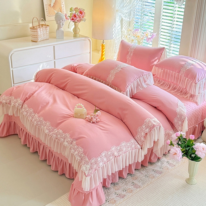 91家纺网 家纺一手货源 找家纺 唐人居 2026新款水洗棉花边床盖四件套-花影系列 花影-豆沙