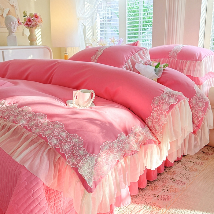91家纺网 家纺一手货源 找家纺 唐人居 2026新款水洗棉花边床盖四件套-花影系列 花影-玫红