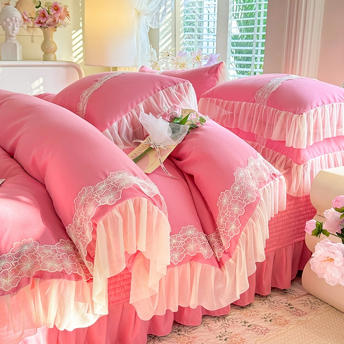 91家纺网 家纺一手货源 找家纺 唐人居 2026新款水洗棉花边床盖四件套-花影系列 花影-玫红