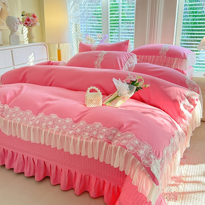 91家纺网 家纺一手货源 找家纺 唐人居 2026新款水洗棉花边床盖四件套-花影系列 花影-玫红