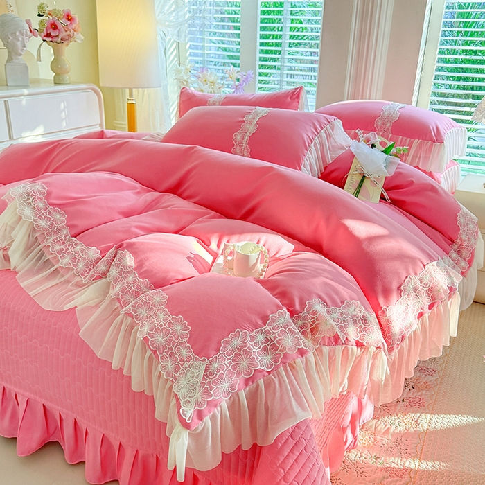 91家纺网 家纺一手货源 找家纺 唐人居 2026新款水洗棉花边床盖四件套-花影系列 花影-玫红