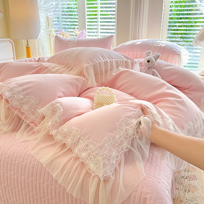 91家纺网 家纺一手货源 找家纺 唐人居 2026新款水洗棉花边床盖四件套-花影系列 花影-浅粉