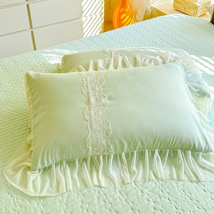 91家纺网 家纺一手货源 找家纺 唐人居 2026新款水洗棉花边床盖四件套-花影系列 花影-苹果绿