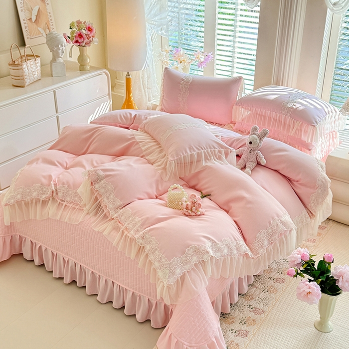 91家纺网 家纺一手货源 找家纺 唐人居 2026新款水洗棉花边床盖四件套-花影系列 花影-浅粉