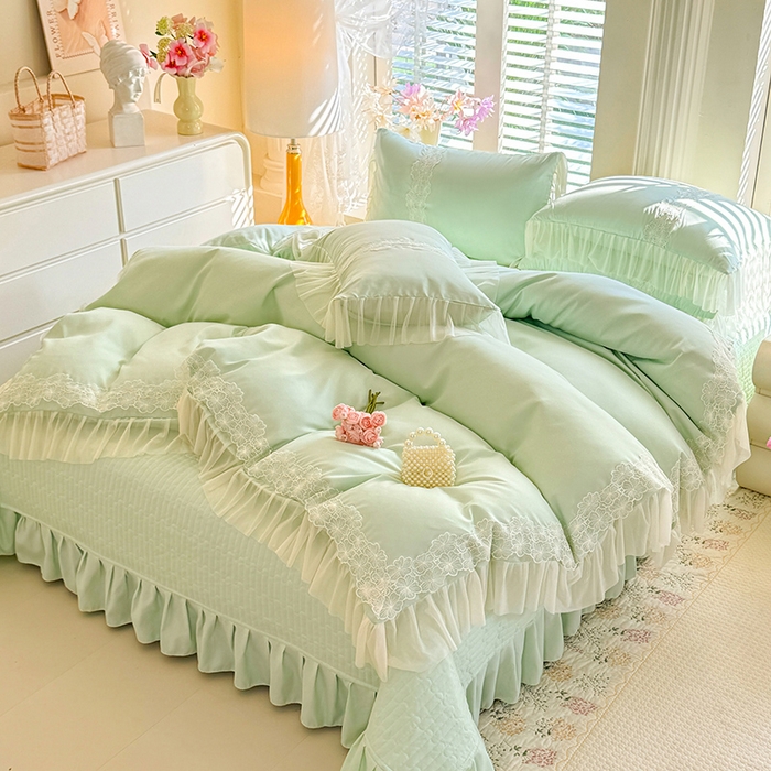 91家纺网 家纺一手货源 找家纺 唐人居 2026新款水洗棉花边床盖四件套-花影系列 花影-苹果绿