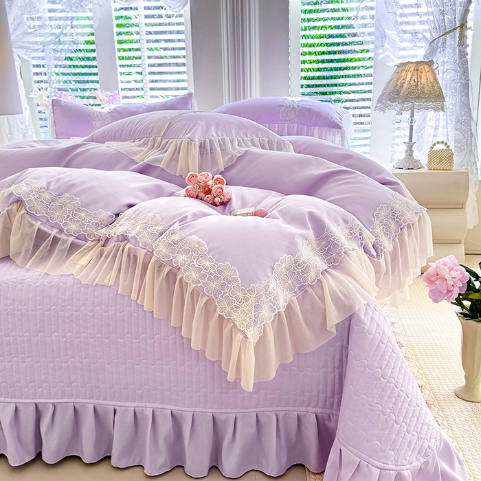 91家纺网 家纺一手货源 找家纺 唐人居 2026新款水洗棉花边床盖四件套-花影系列 花影-浅紫