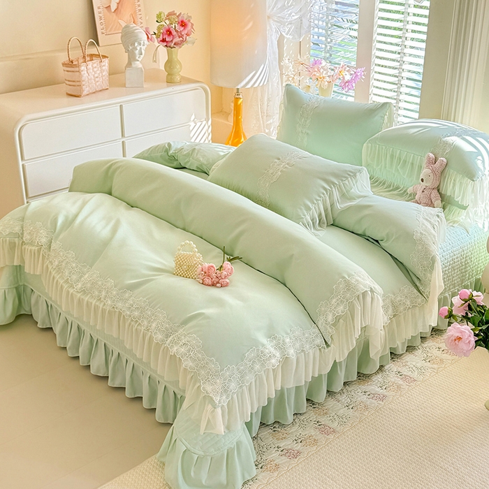 91家纺网 家纺一手货源 找家纺 唐人居 2026新款水洗棉花边床盖四件套-花影系列 花影-苹果绿