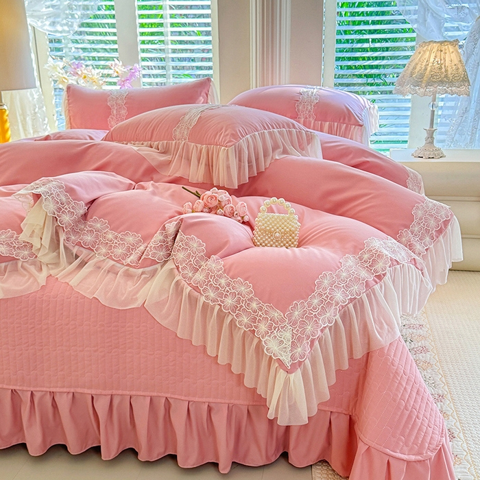 91家纺网 家纺一手货源 找家纺 唐人居 2026新款水洗棉花边床盖四件套-花影系列 花影-豆沙