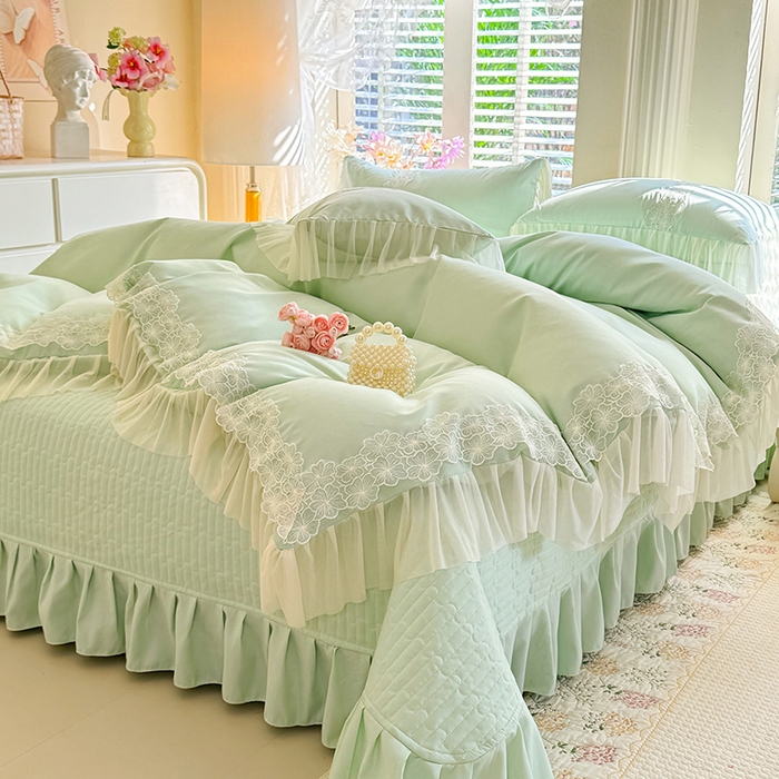 91家纺网 家纺一手货源 找家纺 唐人居 2026新款水洗棉花边床盖四件套-花影系列 花影-苹果绿