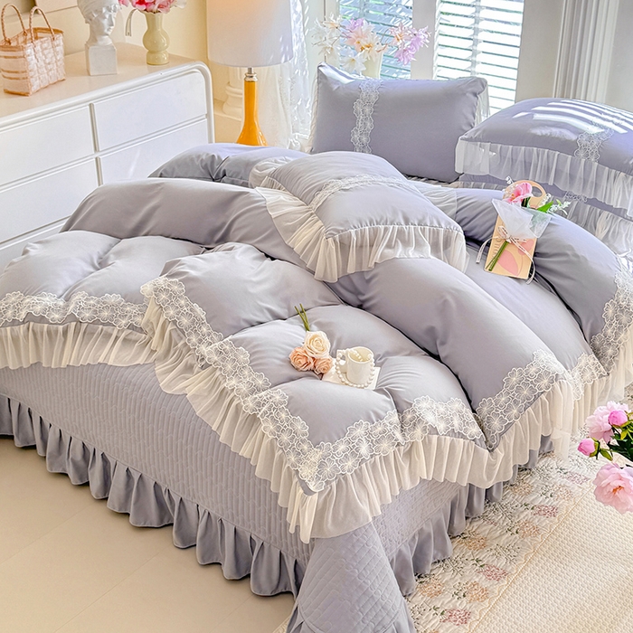 91家纺网 家纺一手货源 找家纺 唐人居 2026新款水洗棉花边床盖四件套-花影系列 花影-浅灰