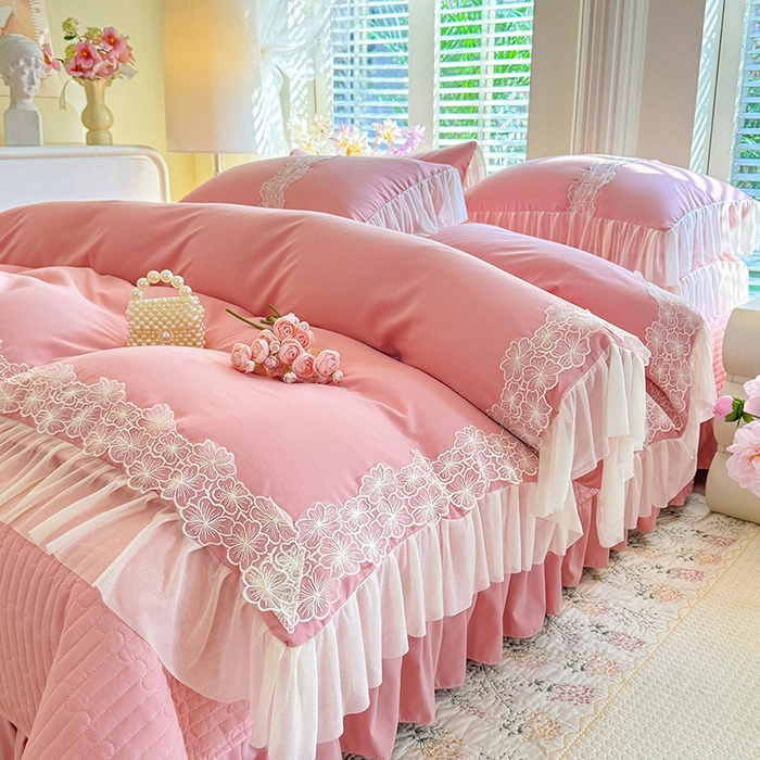 91家纺网 家纺一手货源 找家纺 唐人居 2026新款水洗棉花边床盖四件套-花影系列 花影-豆沙