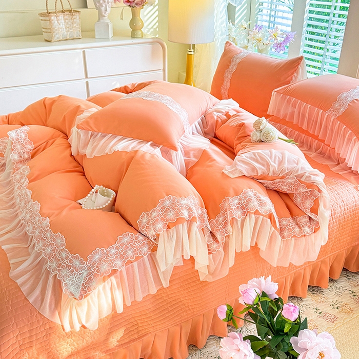 91家纺网 家纺一手货源 找家纺 唐人居 2026新款水洗棉花边床盖四件套-花影系列 花影-暖橘