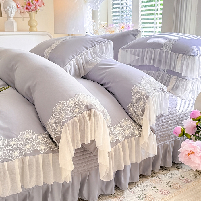 91家纺网 家纺一手货源 找家纺 唐人居 2026新款水洗棉花边床盖四件套-花影系列 花影-浅灰