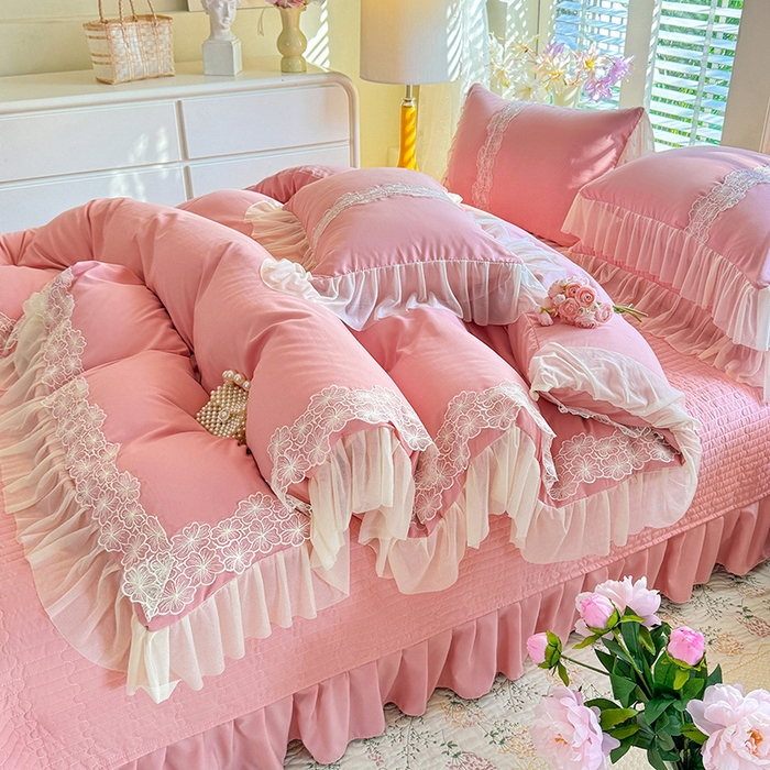 91家纺网 家纺一手货源 找家纺 唐人居 2026新款水洗棉花边床盖四件套-花影系列 花影-豆沙