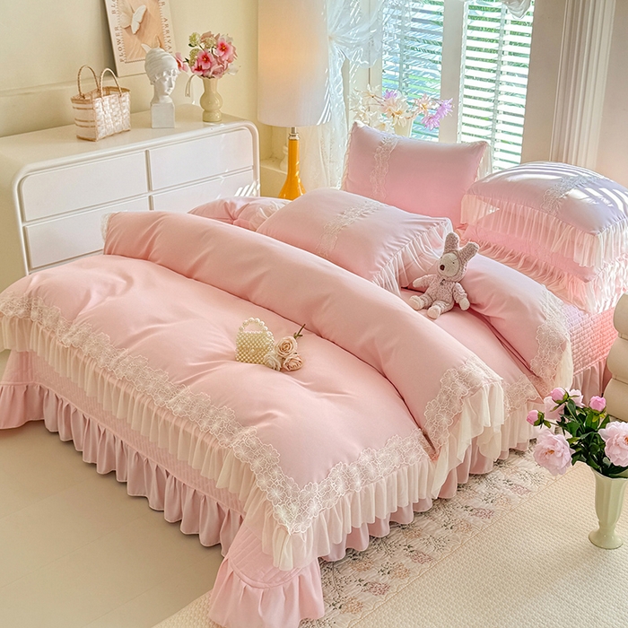 91家纺网 家纺一手货源 找家纺 唐人居 2026新款水洗棉花边床盖四件套-花影系列 花影-浅粉