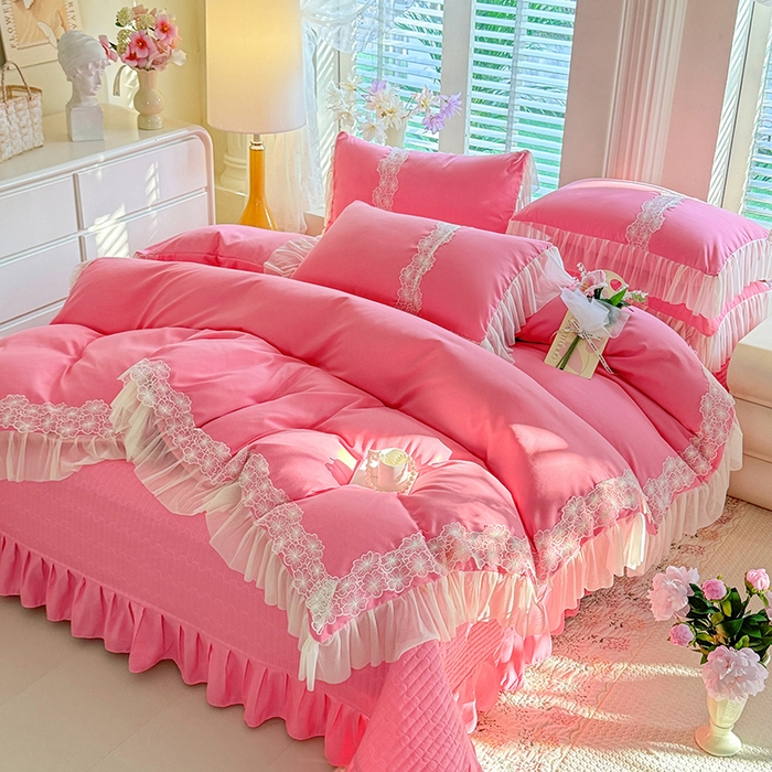 91家纺网 家纺一手货源 找家纺 唐人居 2026新款水洗棉花边床盖四件套-花影系列 花影-玫红