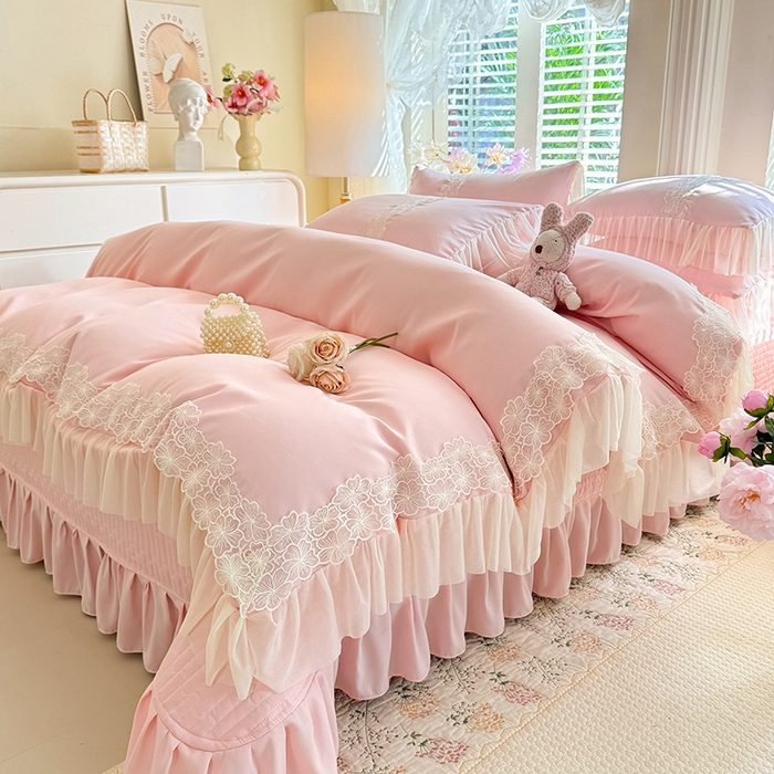 91家纺网 家纺一手货源 找家纺 唐人居 2026新款水洗棉花边床盖四件套-花影系列 花影-浅粉