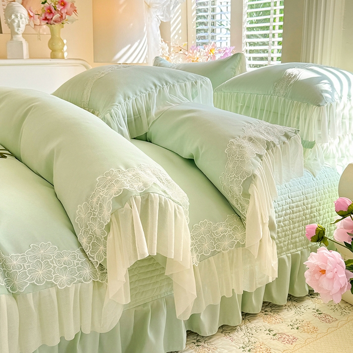 91家纺网 家纺一手货源 找家纺 唐人居 2026新款水洗棉花边床盖四件套-花影系列 花影-苹果绿