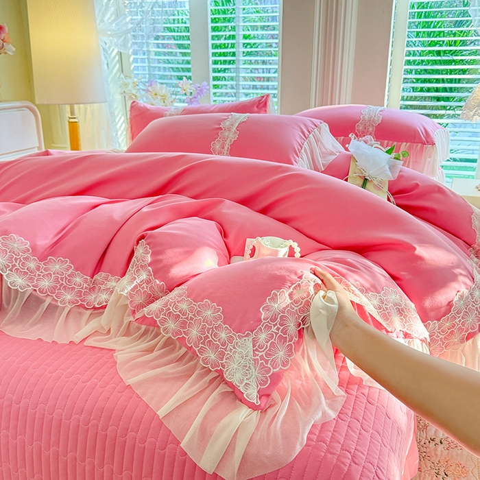 91家纺网 家纺一手货源 找家纺 唐人居 2026新款水洗棉花边床盖四件套-花影系列 花影-玫红