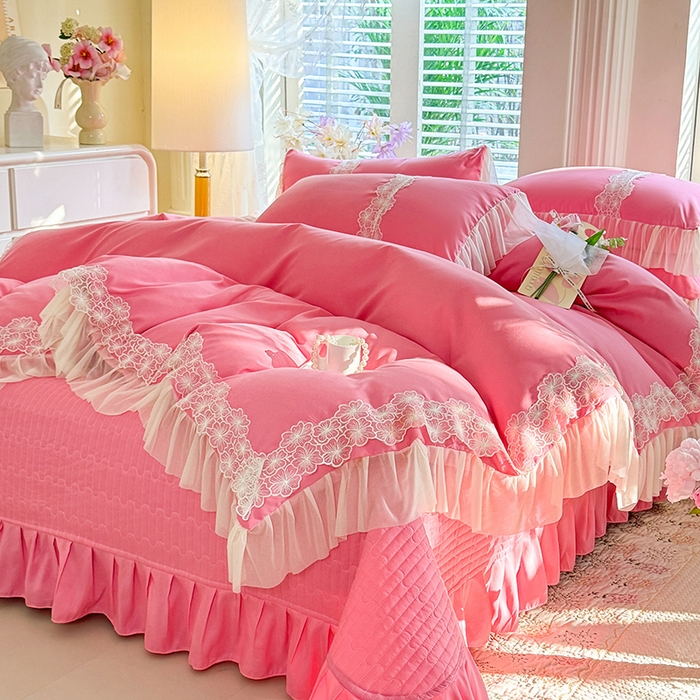 91家纺网 家纺一手货源 找家纺 唐人居 2026新款水洗棉花边床盖四件套-花影系列 花影-玫红