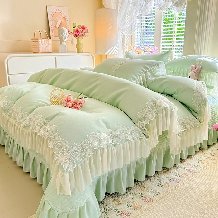 91家纺网 家纺一手货源 找家纺 唐人居 2026新款水洗棉花边床盖四件套-花影系列 花影-苹果绿