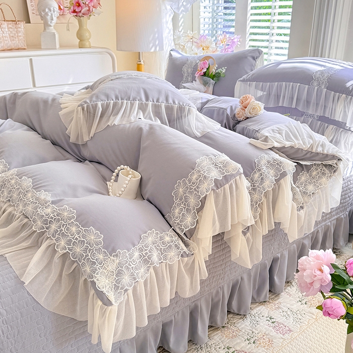 91家纺网 家纺一手货源 找家纺 唐人居 2026新款水洗棉花边床盖四件套-花影系列 花影-浅灰