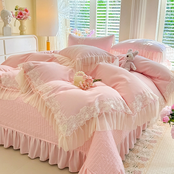 91家纺网 家纺一手货源 找家纺 唐人居 2026新款水洗棉花边床盖四件套-花影系列 花影-浅粉