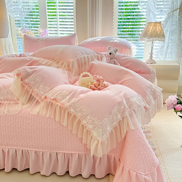 91家纺网 家纺一手货源 找家纺 唐人居 2026新款水洗棉花边床盖四件套-花影系列 花影-浅粉