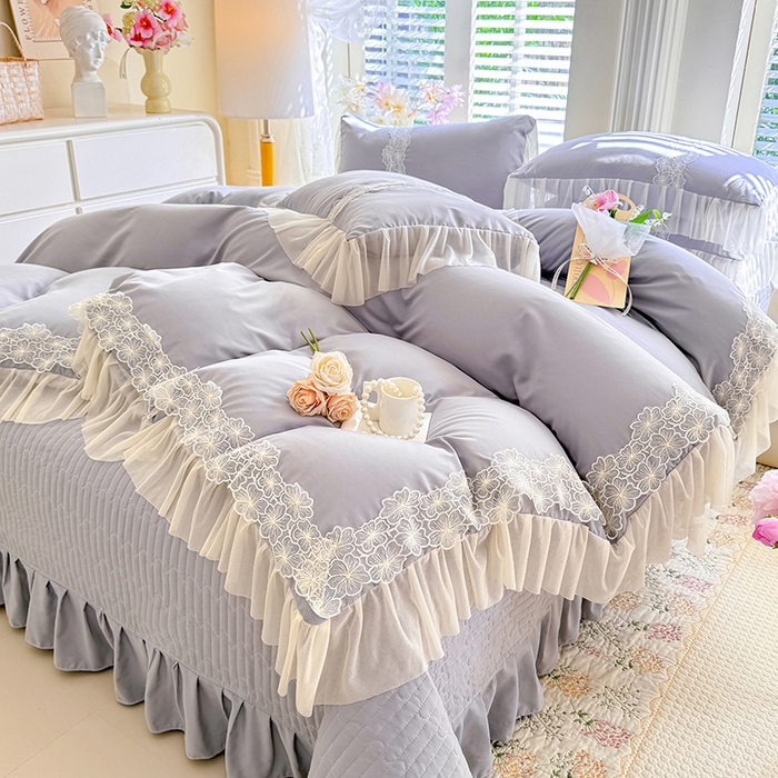 91家纺网 家纺一手货源 找家纺 唐人居 2026新款水洗棉花边床盖四件套-花影系列 花影-浅灰