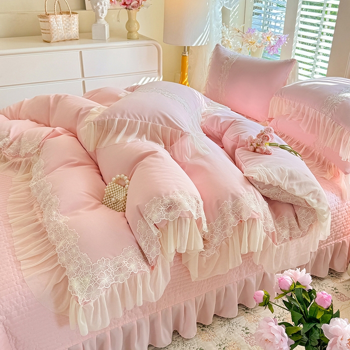 91家纺网 家纺一手货源 找家纺 唐人居 2026新款水洗棉花边床盖四件套-花影系列 花影-浅粉