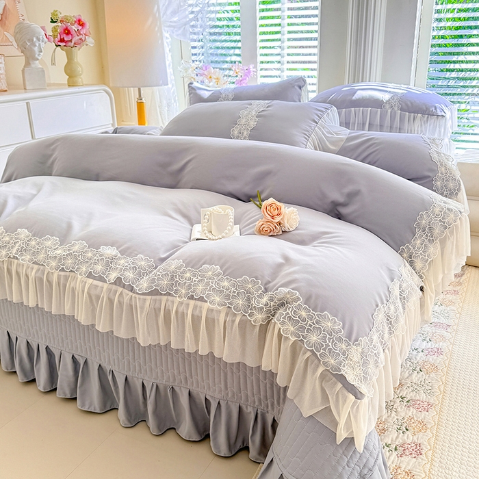 91家纺网 家纺一手货源 找家纺 唐人居 2026新款水洗棉花边床盖四件套-花影系列 花影-浅灰