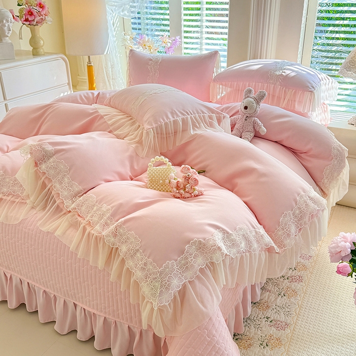 91家纺网 家纺一手货源 找家纺 唐人居 2026新款水洗棉花边床盖四件套-花影系列 花影-浅粉