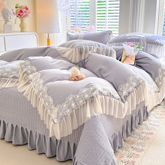 91家纺网 家纺一手货源 找家纺 唐人居 2026新款水洗棉花边床盖四件套-花影系列 花影-浅灰