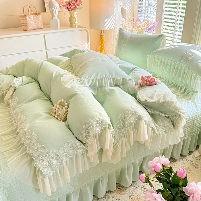 91家纺网 家纺一手货源 找家纺 唐人居 2026新款水洗棉花边床盖四件套-花影系列 花影-苹果绿