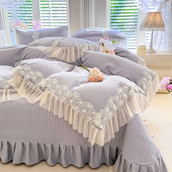 91家纺网 家纺一手货源 找家纺 唐人居 2026新款水洗棉花边床盖四件套-花影系列 花影-浅灰