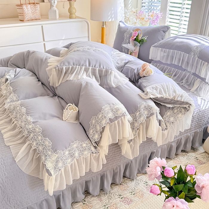 91家纺网 家纺一手货源 找家纺 唐人居 2026新款水洗棉花边床盖四件套-花影系列 花影-浅灰