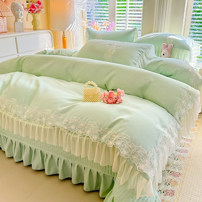 91家纺网 家纺一手货源 找家纺 唐人居 2026新款水洗棉花边床盖四件套-花影系列 花影-苹果绿