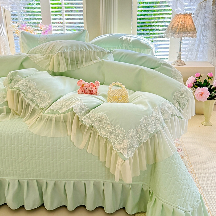 91家纺网 家纺一手货源 找家纺 唐人居 2026新款水洗棉花边床盖四件套-花影系列 花影-苹果绿