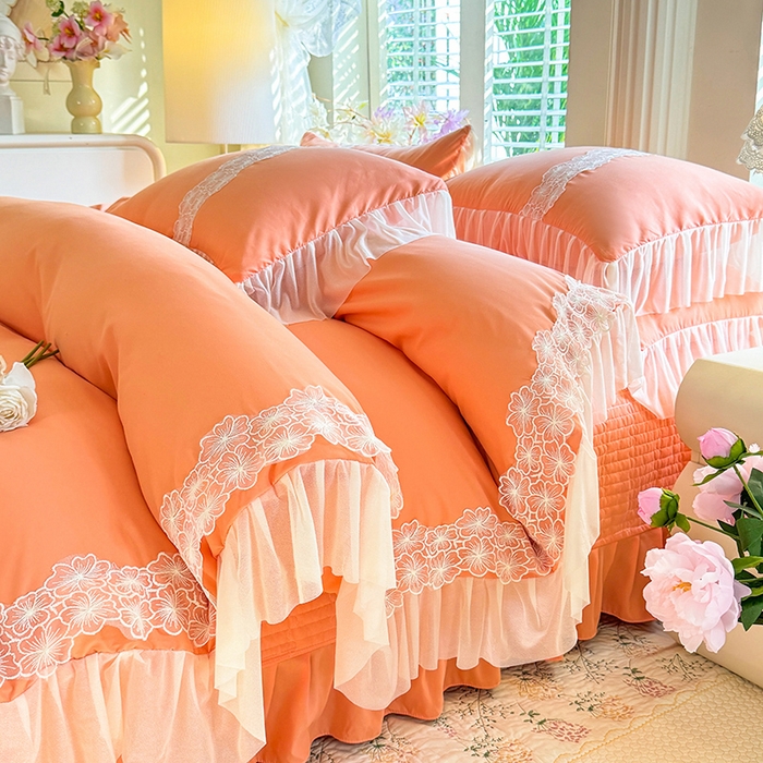 91家纺网 家纺一手货源 找家纺 唐人居 2026新款水洗棉花边床盖四件套-花影系列 花影-暖橘