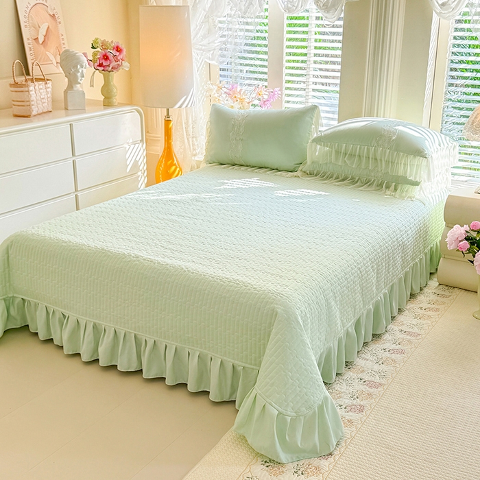 91家纺网 家纺一手货源 找家纺 唐人居 2026新款水洗棉花边床盖四件套-花影系列 花影-苹果绿