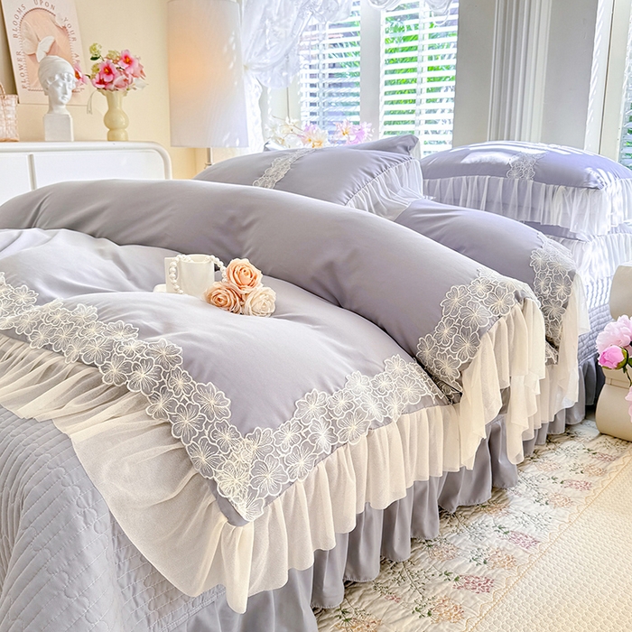 91家纺网 家纺一手货源 找家纺 唐人居 2026新款水洗棉花边床盖四件套-花影系列 花影-浅灰