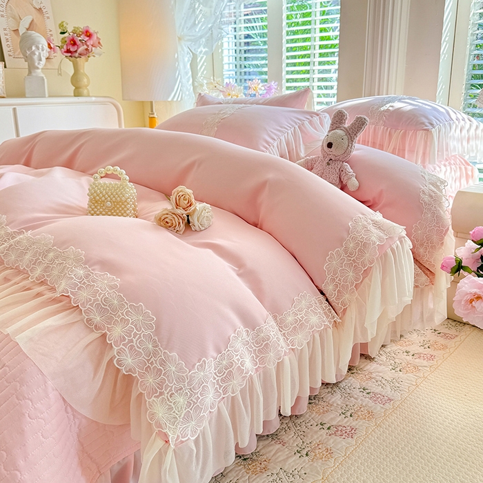 91家纺网 家纺一手货源 找家纺 唐人居 2026新款水洗棉花边床盖四件套-花影系列 花影-浅粉