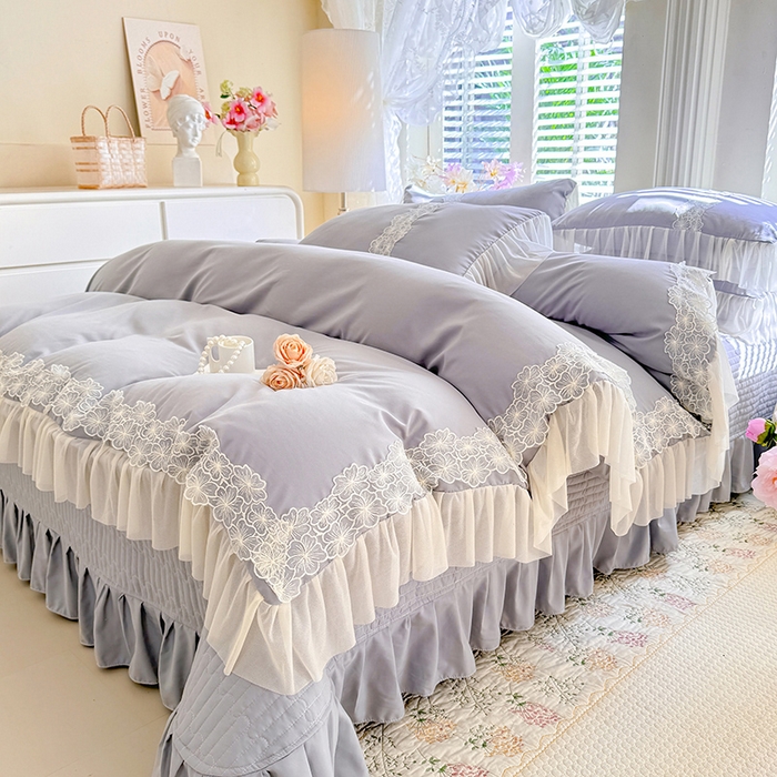 91家纺网 家纺一手货源 找家纺 唐人居 2026新款水洗棉花边床盖四件套-花影系列 花影-浅灰