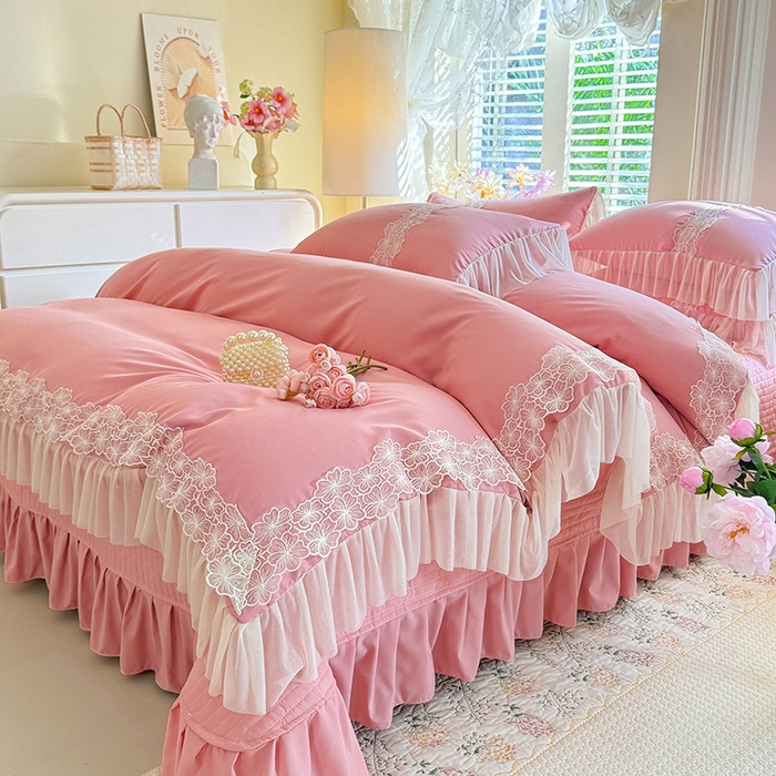 91家纺网 家纺一手货源 找家纺 唐人居 2026新款水洗棉花边床盖四件套-花影系列 花影-豆沙