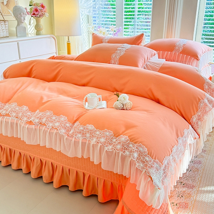 91家纺网 家纺一手货源 找家纺 唐人居 2026新款水洗棉花边床盖四件套-花影系列 花影-暖橘