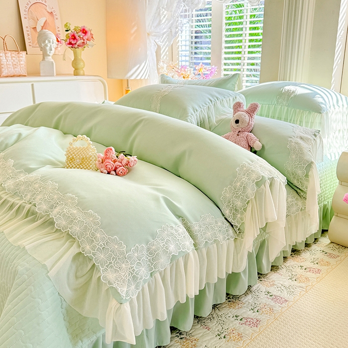 91家纺网 家纺一手货源 找家纺 唐人居 2026新款水洗棉花边床盖四件套-花影系列 花影-苹果绿