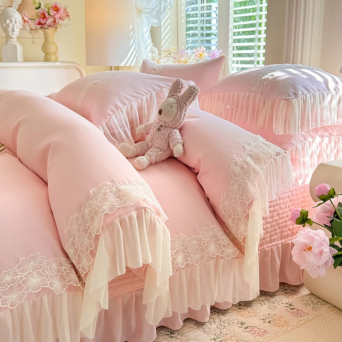 91家纺网 家纺一手货源 找家纺 唐人居 2026新款水洗棉花边床盖四件套-花影系列 花影-浅粉