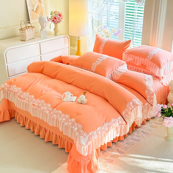 91家纺网 家纺一手货源 找家纺 唐人居 2026新款水洗棉花边床盖四件套-花影系列 花影-暖橘