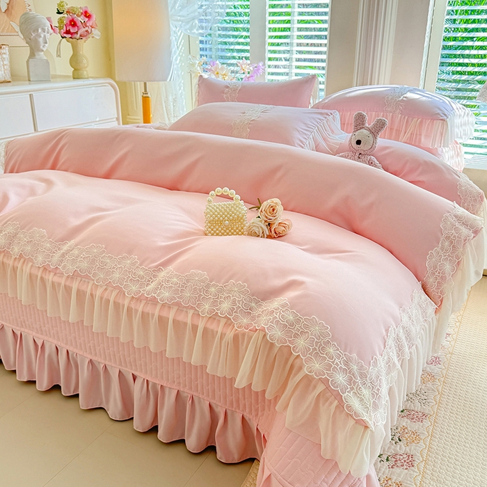 91家纺网 家纺一手货源 找家纺 唐人居 2026新款水洗棉花边床盖四件套-花影系列 花影-浅粉