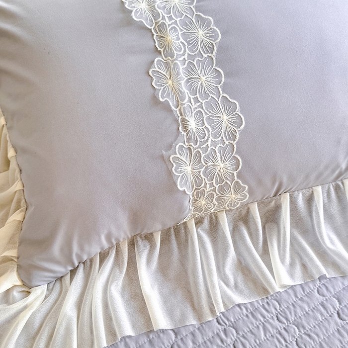 91家纺网 家纺一手货源 找家纺 唐人居 2026新款水洗棉花边床盖四件套-花影系列 花影-浅灰